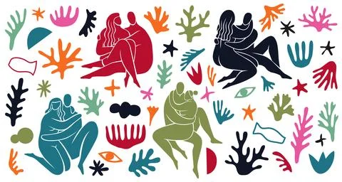 Matisse style plants elements. Hugging couples in intimate poses, minimalistic Illustrazione stock