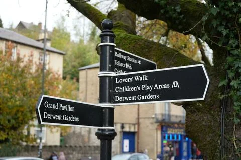 Matlock Bath Signpost To Railway, Cable Car, Gardens, Lovers' Walk, Derbyshire Stock Photos