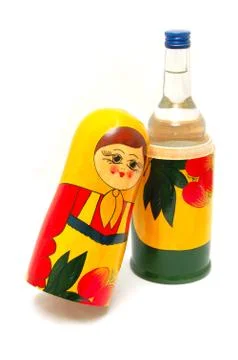 Matreshka and vodka Stock Photos