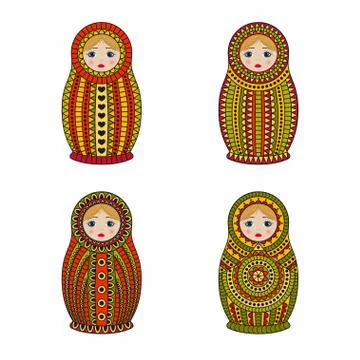 Matrioshka or nesting dolls set isolated on white background. Babushka with Stock Illustration
