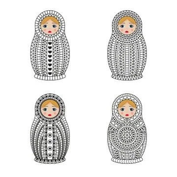 Matrioshka or nesting dolls set isolated on white background. Babushka with Stock Illustration