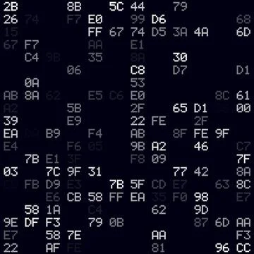 Matrix background. White sparse hexademical pairs background. Small sized s.. Illustrazione stock