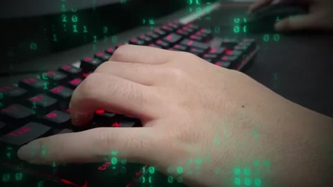 Matrix binary code ascii strings 0, 1, hacker typing on keyboard, cyber attack 스톡 동영상 302341640