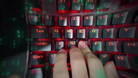 Matrix binary code ascii strings 0, 1, hacker typing on keyboard, cyber attack Stock Footage 302341685