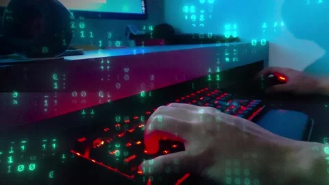 Matrix binary code ascii strings 0, 1, hacker typing on keyboard, cyber attack Stock Footage 302341707