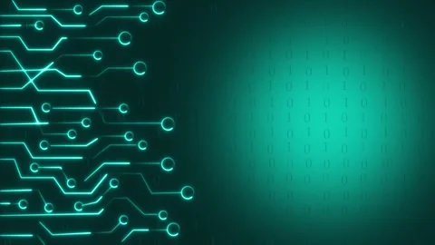 Matrix binary code data flows alongside glowing neon motherboard traces. El.. Stock Footage 340528335
