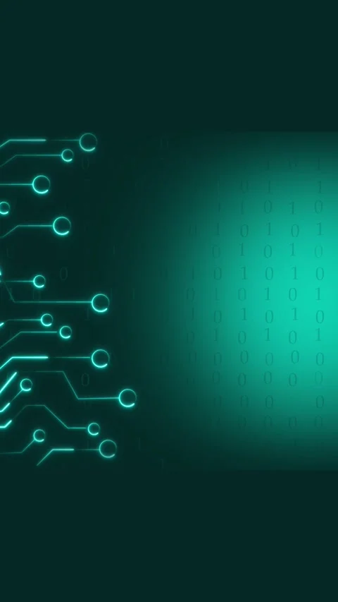 Matrix binary code data flows alongside glowing neon motherboard traces. El.. Stock Footage 345968193