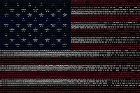 Matrix binary code of zeros and ones in usa flag colors. Concept of computer  Stockillustratie