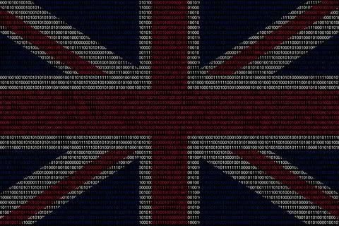 Matrix binary code of zeros and ones in united kingdom flag colors. Concept o Stock Illustration