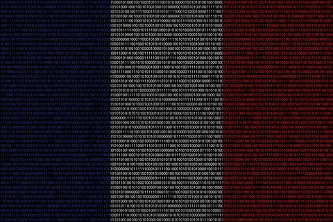 Matrix binary code of zeros and ones in usa flag colors. Concept of computer  Stock Illustration