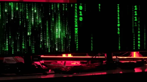 Matrix black green binary code animation background on two monitors, red light Stock Footage 236746306