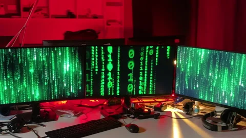 Matrix black green binary code animation background on three monitors, red light Stock Footage 236746336