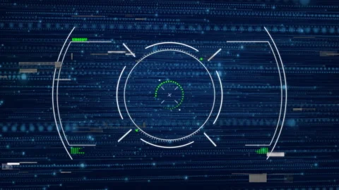 Matrix code backdrop scrolling, central HUD reticle emerging, rotating, pulsing Stock Footage 312348560
