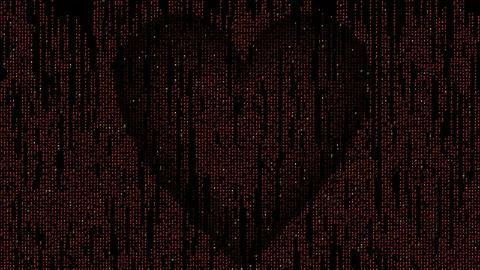 Matrix code heart composed of glowing characters flashing and flickering on Stock Footage 90053966