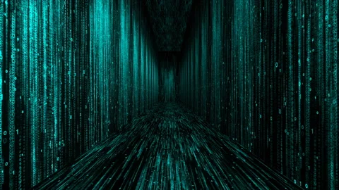 Matrix corridor digital numbers 0 and 1 in computer world of code background Stock Footage 116352588