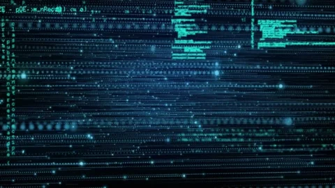 Matrix data stream starting with faint teal particles drifting, columns pulsing, Stock Footage 328234165