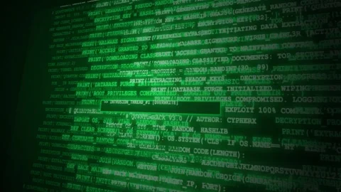 Matrix green digital code scrolls across a dark display. ransomware and mal.. Видео 346969005
