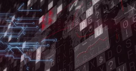 Matrix grid showing on dashboard, with data panels red fluctuating graph, blue 스톡 일러스트