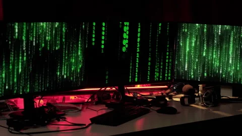 Matrix hacker black green code animation background on monitors of computers Stock Footage 236746322