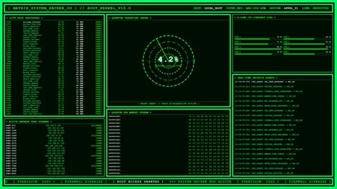 Matrix Hacker OS Root Kernel Green Port Scanner Dashboard. Stock Footage 346739712