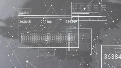 Matrix HUD panel updating grid and numeric labels while drifting node network Video stock 322204251