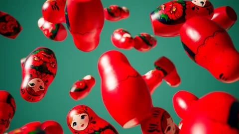 Matryoshka dolls falling down and spinning around. Rain of Babushkas. Looping. Stock Footage 145765676
