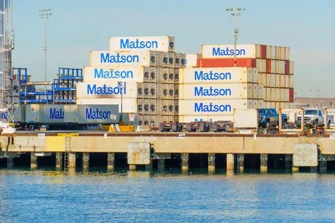 Matson Cargo Containers Stacked at Long Beach Port 库存照片