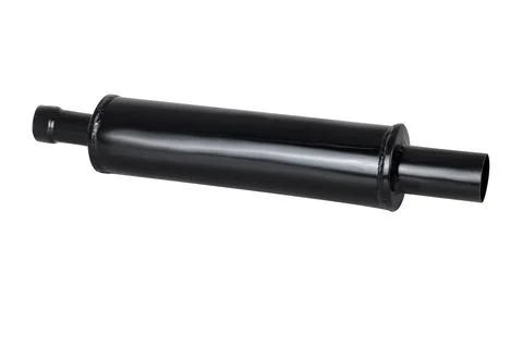 Matte black cylindrical performance muffler isolated on white background Stock Photos