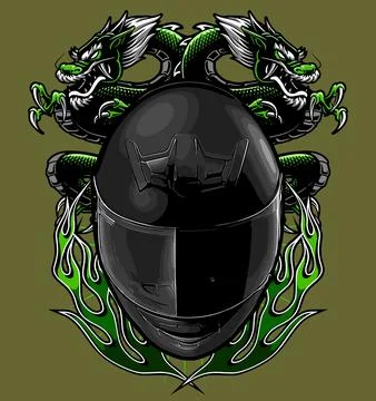 Matte black helmet with two dragons background Stock Illustration