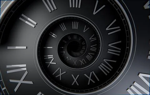 Matte Black Spiral Clock, Dark Time Concept Background Stock Illustration