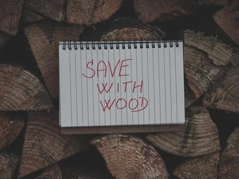Matte Blue Spiral Notebook with SAVE WITH WOOD on Firewood Stock Photos