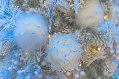 Matte blurred backdrop of delicate blue flowers made of feathers. Christmas.. Stock Photos
