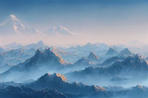 Matte painting of a mountain range with clouds and sky background Stock Illustration