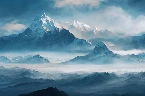 Matte painting of a mountain range with clouds and sky background Stock Illustration