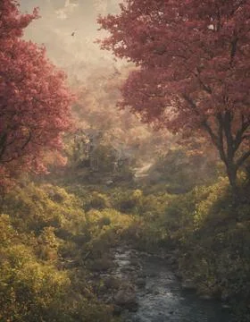 Matte Painting of a stream running through a forest Stock Illustration