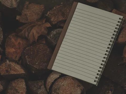 Matte Spiral Notebook with Dry Maple Leaf on Wooden Surface Stock Photos