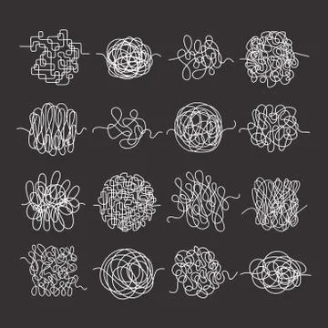 Matted threads hand drawn set. Swirling spiral circles and squares messy chaos Stock Illustration