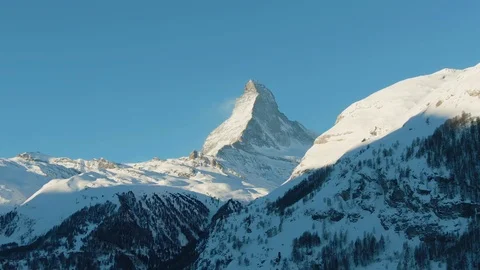 Matterhorn Mountain at Sunny Winter Morning. Switzerland. Aerial View Stock Footage