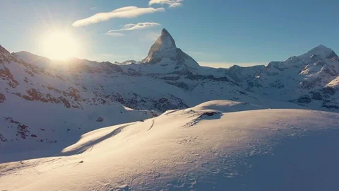 Matterhorn Mountain at Sunset in Winter. Swiss Alps. Switzerland. Aerial View Stock Footage