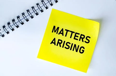 Matters Arising text on yellow notepad. Meeting agenda concept Stock Photos