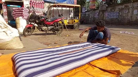 Mattress making is in progress. Stock Footage 172089166