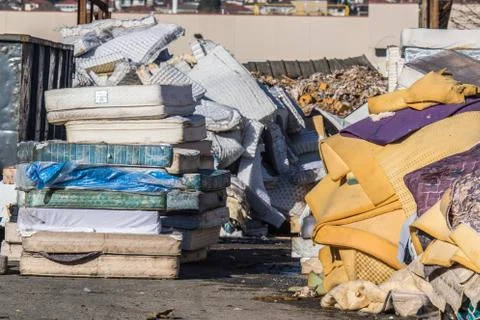 Mattress recycling facility operating at zero waste. Stock Photos