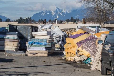 Mattress recycling facility operating at zero waste. Stock Photos
