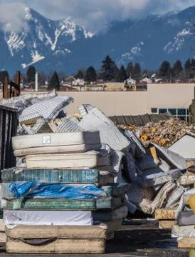 Mattress recycling facility operating at zero waste. Stock Photos