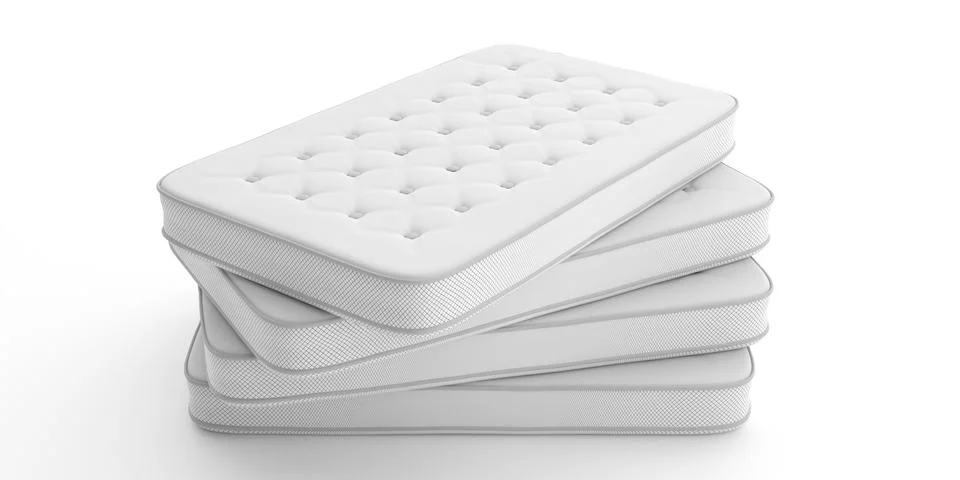 Mattresses stack isolated on white background. 3d illustration. Comfort sleep Illustrazione stock