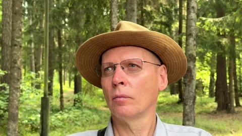Mature 60 year old man thinking about life while enjoying forest nature. Se.. Stock Footage 345528234