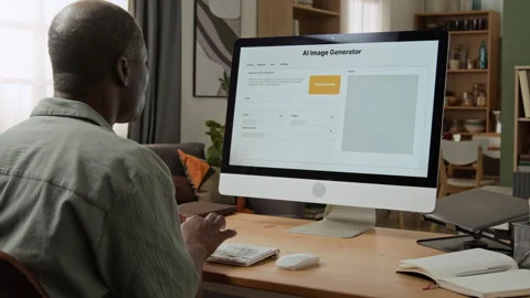 Mature Black Man Using Ai Image Generator on Computer Stock Footage 347658829