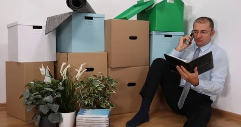Mature Business Man Talking Mobile Phone Conversation Cell New House Living Room Stock Footage