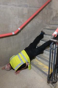 Mature construction worker trips and falls while working on concrete stairs. Stock Photos