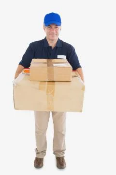Mature courier man carrying stack of cardboard boxes Stock Photos